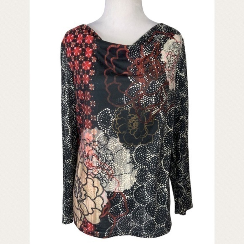 Chico’s Lightweight Long Sleeve Drape Neck Black & Burgundy Floral Studded Top S